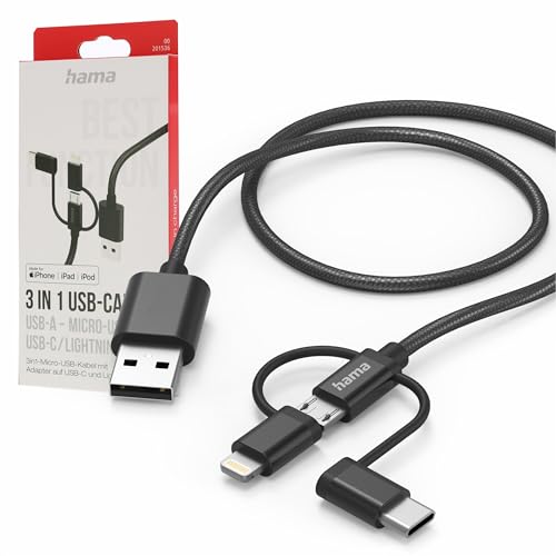 Adaptateur micro USB 3 en 1 câble USB C Lightning nylon tressé chargeur universel 1,5m noir