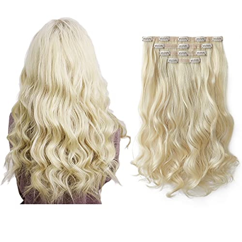 Clip in Hair Extensions Bleach Blonde Synthetic Hairpiece 22 Inch Long Wavy Curly Full Head Silky Soft Lace Weft for Women Hair Extensions 4 Pcs 160 g