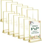 TonGass Supports de table en acrylique clair de 5"x7" avec 3mm Frontière de l'or (12-Pack), Porte-signaux transparents à double bord pour les mariages, événements, menu ou affichage de photos, support vertical Cadre photo acrylique