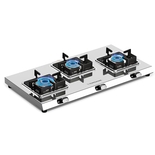 Image of Sunshine Thunder 3 Burner Gas Stove | Warranty By Sunshine - 5 Year On Burner & Body | Stainless Steel Chulha | Manual Ignition, ISI Certified | 5G technology, LPG Ready & PNG Compatible (Silver)