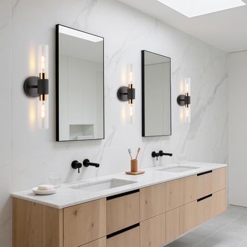Image of BYOLIIMA Modern Knurled Texture Wall Sconce Clear Glass Shade Modern Gold Black Bathroom Vanity Light Fixtures 2-Lights Mid Century Wall Light for Mirror Living Room Hallway E26 T10 Bulbs(Excluded)