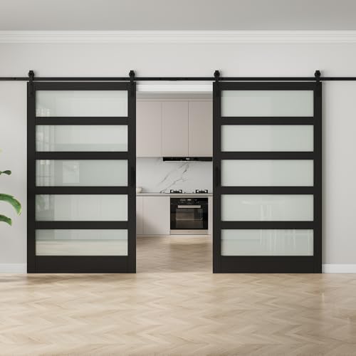 Image of 96 inchx84 inch Frosted Glass Barn Door with 16FT Sliding Hardware & Handle, Black | Pre-Drill Holes Double Barn Door For Easy Assembly, Solid Core Wood Sliding Barn Door for Water-Resistant & Sound Reduction