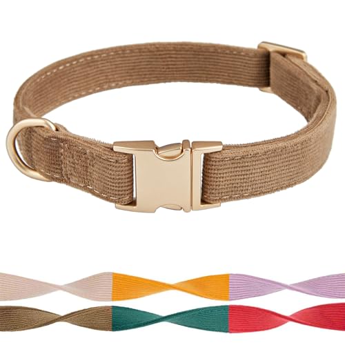 Petiry Soft Dog Collar with Safety Metal Buckle Adjustable Durable Comfort Velvet Corduroy Collars for Small Dogs,Brown,Neck 25-38cm