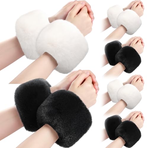 SATINIOR 6 Pairs Faux Fur Short Wrist Cuff Winter Fuzzy Wrist Cuff Warmers for Women Girls Favors(White and Black)