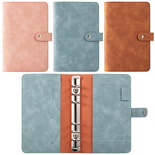 3 Pieces A6 PU Leather Notebook Binder with Pockets Refillable 6 Round Ring Binder Cover Loose Leaf Personal Planner Binder with Magnetic Buckle for Home, Office and School, 3 Colors