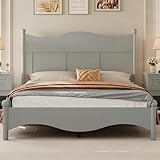 Merax Queen Size Wood Bed, Retro Platform Bed Frame with Victorian Headboard & Footboard, Beds Mattress Foundation for Bedroom & Guestroom, No Box Spring Needed, Noise Free, Easy Assembly, Grey