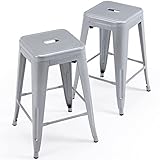 Vogue Furniture Direct 24' High Bar Stools Backless Silver Metal Barstools Indoor-Outdoor Barstools Counter Height Stools with Square Seat, Set of 2 - VF1571021