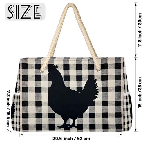 Chicken Hen Large Tote Beach Bags for Women with Zipper Buffalo Check Plaid Waterproof Sandproof Gym Swim Pool Grocery Travel Bag2