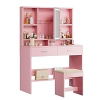 Devoko Dressing Table with Stool and LED Light,Vanity Desk with Mirror,Adjustable Brightness,Makeup Desk with Jewellery Storage and Open Shelves,Modern Bedroom (Pink Table + Stool)