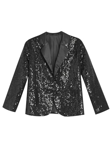 Girls Sequin Long Sleeve Blazers Jacket Kids Shiny Lapel Button Down Suit Coat with Pockets for Party