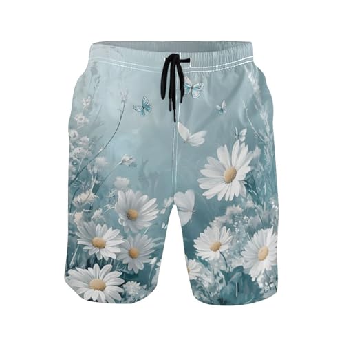 Men’s Swim Trunks White Daisy Flower Butterfly Beach Board Shorts Swimming Short Pants Running Sports Surffing Shorts