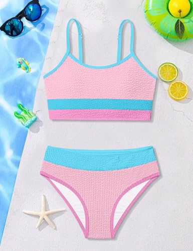 Image of Girls Bathing Suit Color-Block Adjustable Straps Bikini Sets Girls Two Piece Swimsuits with Chest Pad Swimwear 7-18T
