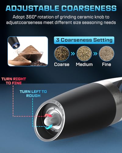 XinXu Gravity Electric Pepper and Salt Grinder Set, Adjustable Coarseness, with LED Light, One Hand Automatic Operation (Set/Black X)