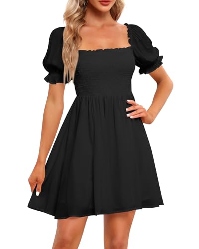 Image of Holipick Women's Casual Square Neck Smocked Dress Shirred Ruffle Puff Sleeve High Waist Cute Flowy A-Line Short Dress