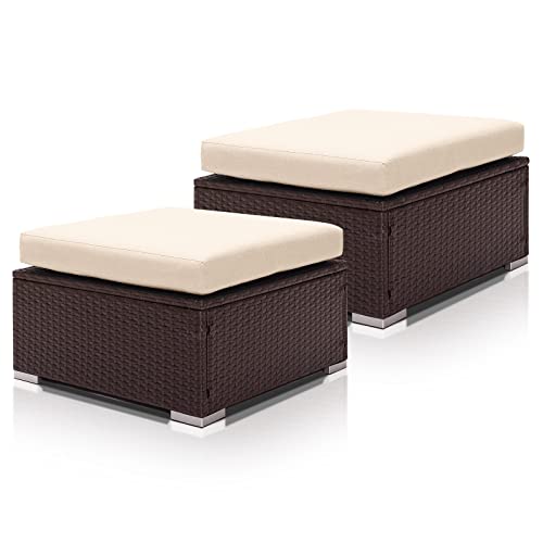 NICESOUL Modern Luxury All-Weather Outdoor Wicker Ottoman Set of 2, 500 Lbs Alloy Steel Frame Footrest, Large Size Wide Deep Seat 2-Piece Rattan Foot Stool with Padded Cushion for Patio, Brown & Beige