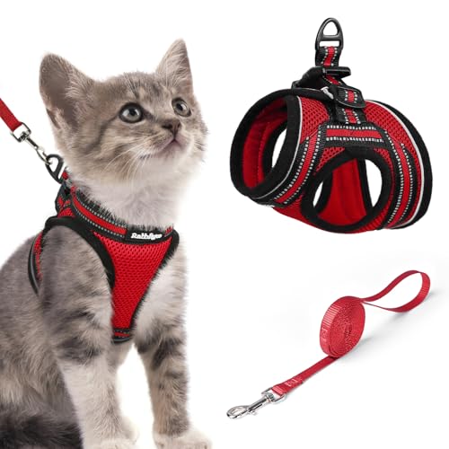 rabbitgoo Cat Harness and Leash Set for Walking Escape Proof, Adjustable Soft Kittens Vest with Reflective Strip for Extra Small Cats, Comfortable Choke-Proof Outdoor Vest Harness, Red, S