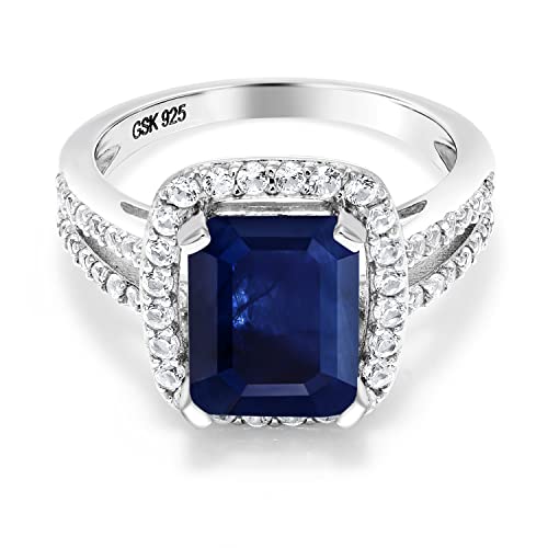 Gem Stone King 4.03 Cttw Blue Sapphire Engagement Ring For Women In 925 Sterling Silver | 10X8MM Emerald Cut | Available in size 5, 6, 7, 8, 92