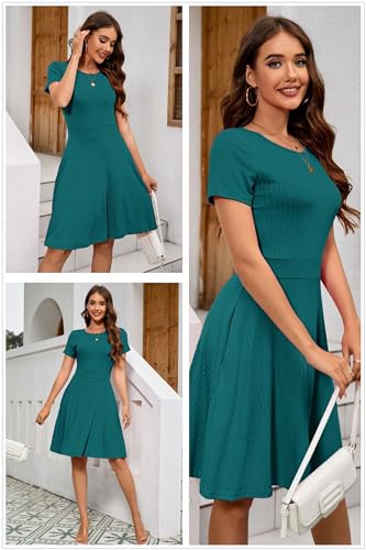 Image of Newshows Womens 2025 Summer Dresses Short Sleeve Ribbed Knit A-Line Swing Beach Vacation Outfits Casual Sundress with Pockets
