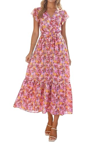 Image of PRETTYGARDEN Women's Summer Floral Boho Maxi Dress | Short Sleeve Wrap V Neck, Long Flowy Ruffle Dresses, Spring Wedding Guest Outfits for Beach Vacation, Resort Wear, Tea Party