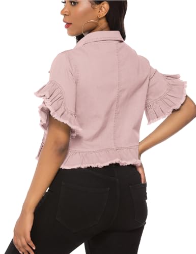 Image of Suvimuga Women's Denim Jacket Button Down Distressed Ruffle Sleeve Crop Jean Jackets Coat