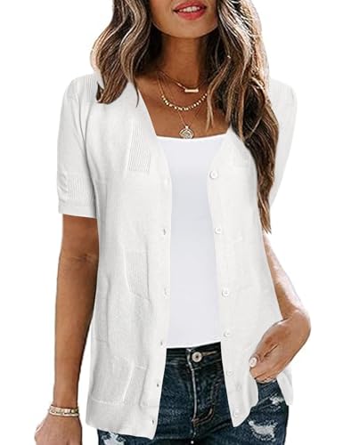 Totatuit Cárdigan para Mujer Manga Corta Cuello en V con Botones Suéter Tejido Suave y Cómodo Elegante Cárdigan Corto Blanco L