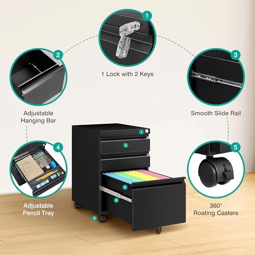 Image of 3 Drawer File Cabinet with Lock,Under Desk File Cabinet with Wheels,Black Rolling Filing Cabinets,Three Drawer Metal Filing Cabinet for Home Office,Fit A4 /Letter /Legal File,- Assembly Required