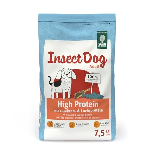 Green Petfood InsectDog High Protein (1 x 7,5 kg) | Adult | Premium Trockenfutter für ausgewachsene aktive Hunde | Lachs- & Insektenprotein & roten Linsen | kleine Krokette | getreidefrei | 1er Pack