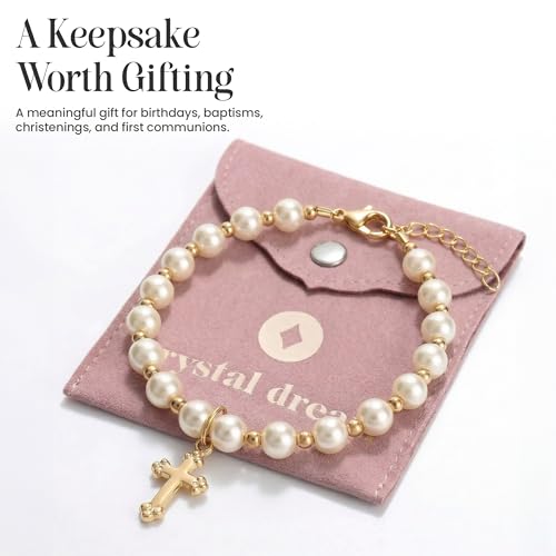 Image of Crystal Dream Christening 14KT Gold-Filled Beads | Cream European Simulated Pearls | Cross Charm Luxury Baby Bracelet | Baptism Unisex Child Bracelet