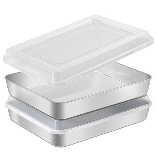 ACTUKSX Stainless Steel Baking Pan with Lid 2-Pack Rectangular Cake Pan Set Non-Toxic & Heavy Duty Metal Bakeware for Brownie Lasagna Casserole Roasting Dishwasher Safe