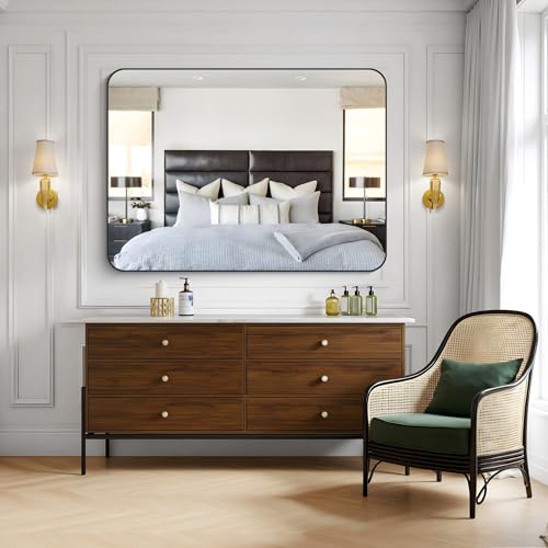 Image of KOCUUY Black Bathroom Mirror 55 inchx40 inch, Large Vanity Mirror with Rounded Corner, Metal Black Frame with Mordern Design for Bathroom, Living Room, Entryway, Hang Horizontal /Vertical