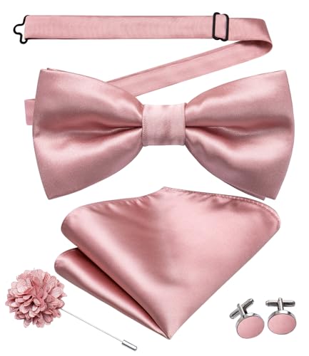 Image of Hi-Tie Pretied Bow Ties for Men Wedding Formal Bow Tie Handkerchief Cufflinks Lapel Pin Set Party Formal Mens Bowtie Set, Pink Solid, Medium