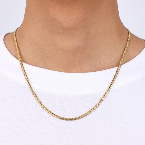 Fiusem Flat Box Chains for Men, 14k Gold Plated Stainless Steel Chain Necklace, 3/5mm Necklaces for Men and Women 16-28 Inch3