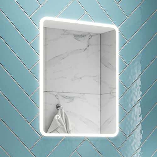 Pebble Grey Illuminated Bathroom Mirror with LED Lights 390x500mm IP44 Rated - Nano LED Bathroom Mirrors with Heated Demister Pads and Touch Sensor Switch, Wall-Mounted Vanity Mirrors, Digital Mirror