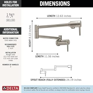 Delta Faucet Contemporary Wall Mount Pot Filler Faucet, Brushed Nickel Pot Filler Kitchen Faucet, Delta Pot Filler, Wall Mount Kitchen Faucet, Potfiller, Stainless 1165LF-SS