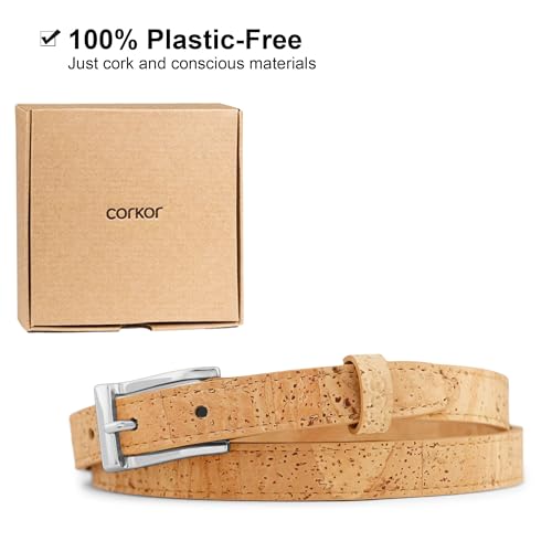 Women's Slim Cork Belt 20mm – Brown Strap with Silver Nickel-Free Buckle, Vegan, Lightweight, Adjustable Fit3