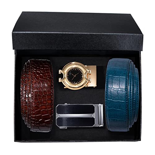 Mens Belts Set Automatic Buckles Waist Belt with Gift Box Blue Reddish Brown Leather Strap for Men Dress Jeans Wedding (Color : As shown Size : 120cm) (As Shown 110cm)