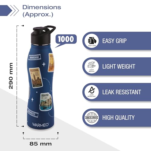 Image of WARMEO VIBE 1000 Stainless Steel Water Bottle 1000 ml | Incredible India 3D Embossed Design | Single Walled, ISI Certified I Leak Proof Lid, Rust Proof I For School, Office, Gym I Blue