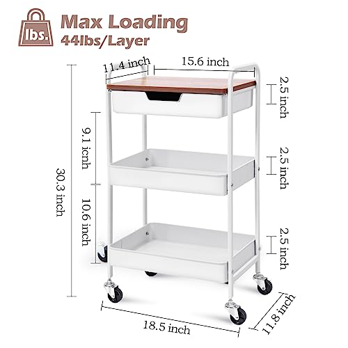 Toolf 3-Tier Utility Rolling Cart With Wooden Board & Drawer, Metal Storage Cart With Handle, White Trolley Kitchen Organizer Rolling Desk With Locking Wheels For Office, Classroom, Home, Bedroom #TOP4