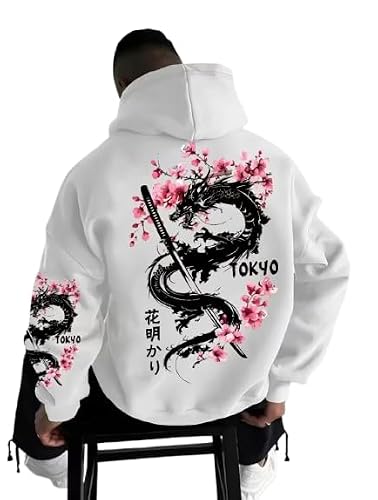 Mens Fleece Japanese Graphic Hoodies, Fashion Pullover Sweatshirt with Hood,