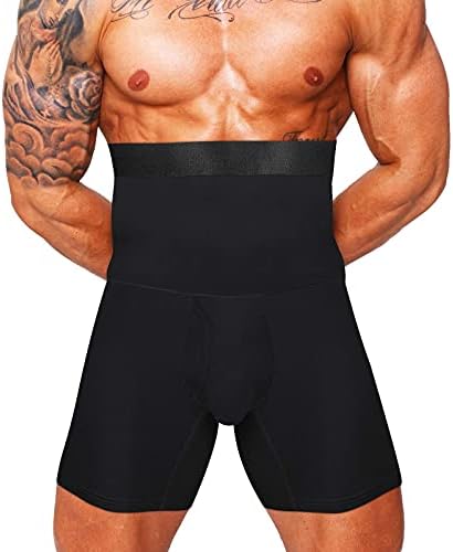 lki Mens Tummy Control Shapewear High Waist Slimming Bodysuit Shorts Boxer Briefs Body Shaper Long Leg Underwear (B:Black, X-Large)