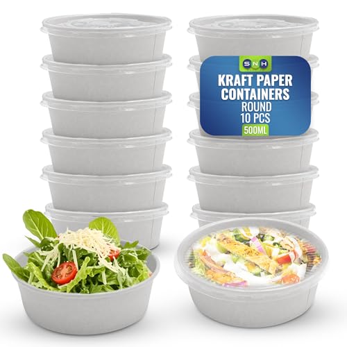 SNH Packing 10-Pack 500ml White Round Disposable Paper Bowls with Clear Lids | Eco-Friendly Biodegradable Compostable | Heavy Duty Salad Soup Dessert Kraft Bowls - Hot & Cold Use