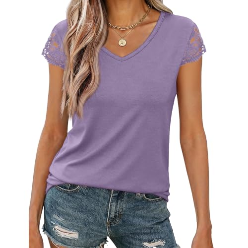 Image of Womens Tops V Neck Short Sleeve T Shirts Womens Summer Tops Casual Soft Basic Lace Tops Spring Summer Tees Clothes 2026