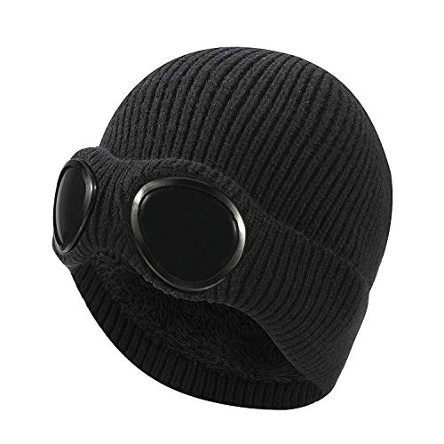 TAGVO Winter Warm Knitted Beanie Hat, Windproof Thermal Soft Fleece Lining Skiing Hiking Running Beanie with Detachable Goggles, Slouchy Thick Skull Cap for Men Women Adults Outdoor Sport