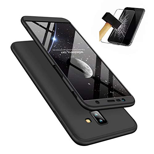 MISSDU Coque Samsung Galaxy J4+/J4 Plus (2018) + Verre trempé écran Protecteur, 360 Degrés Complète Protecteur Anti-égratignures Solide PC Plastique Coque Housse Etui Cover, Noir