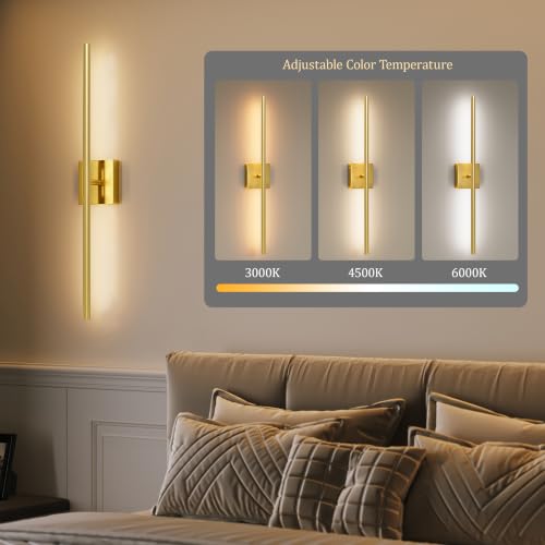 Image of Morauroral 36 Inch Battery Operated Wall Sconces Set of 2, Dimmable Battery Wall Sconce with Remote Control, Painted Gold LED Rechargeable Sconces, Modern Wireless Wall Lights for Bedroom, Living Room