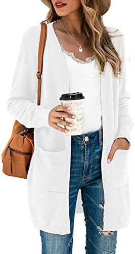 TASAMO Women's Long Sleeve Pocket Solid Color Knit Ribbed Neckline Cardigans (Small,White)