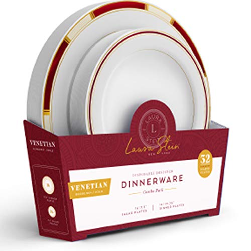 Laura Stein Designer Dinnerware Set | 32 Disposable Plastic Party Plates | Plates With Burgandy Rim & Gold Accents | Includes 16 X 10.75" Dinner Plates + 16 X 7.5” Salad Plates | Venetian #TOP2