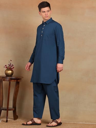 Image of See Designs Men's Full Sleeve Shirt Collar Solid Pathani Kurta with Salwar