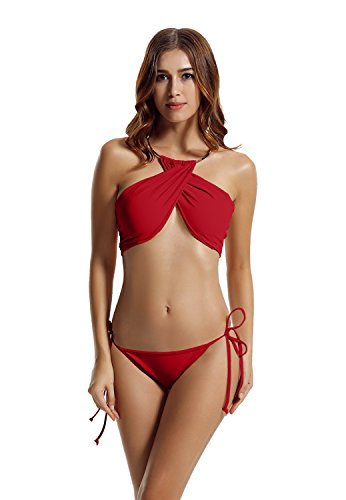 zeraca Women's High Neck Criss Cross Tie Side Bikini Swimsuits (L14, Dark Red)