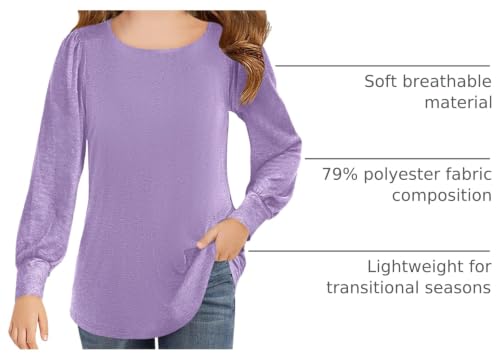 Image of Haloumoning Girls Puff Long Sleeve Shirts Fall Tops 5-14Y | Casual,Solid Color,Crewneck, Soft, Tunic Tops Blouse,Kids Long Sleeve T Shirt,,Fashion Clothes